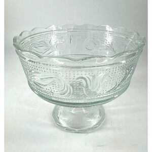 Serving Bowl Clear Glass Round Stamped Glass Vintage Pedestal 6.5" W x 5.5" Tall